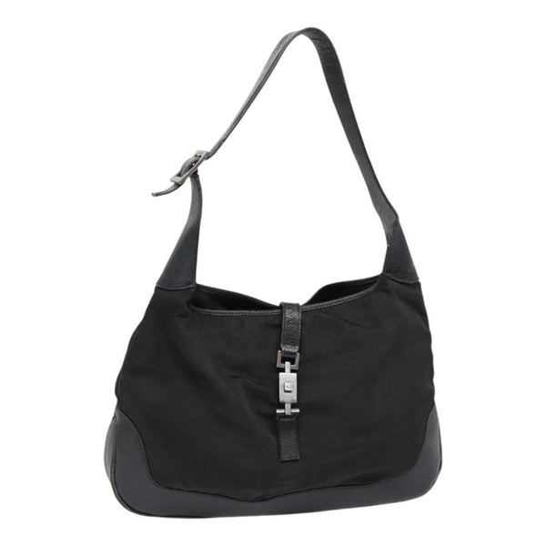 GUCCI Shoulder Bag Canvas Leather Black Silver Auth