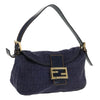 FENDI Zucchino Canvas Mamma Baguette Shoulder Bag Navy Gold