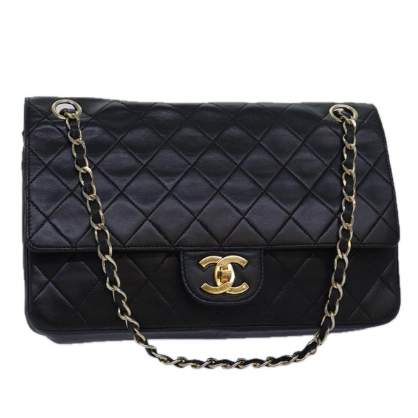 CHANEL Matelasse Turn Lock Chain Shoulder Bag Lamb Skin Black CC
