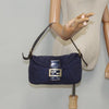FENDI Zucchino Canvas Mamma Baguette Shoulder Bag Navy Gold