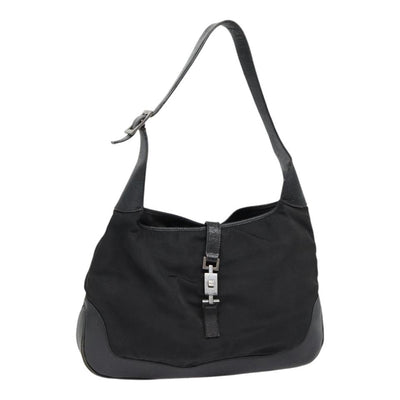 GUCCI Shoulder Bag Canvas Leather Black Silver Auth