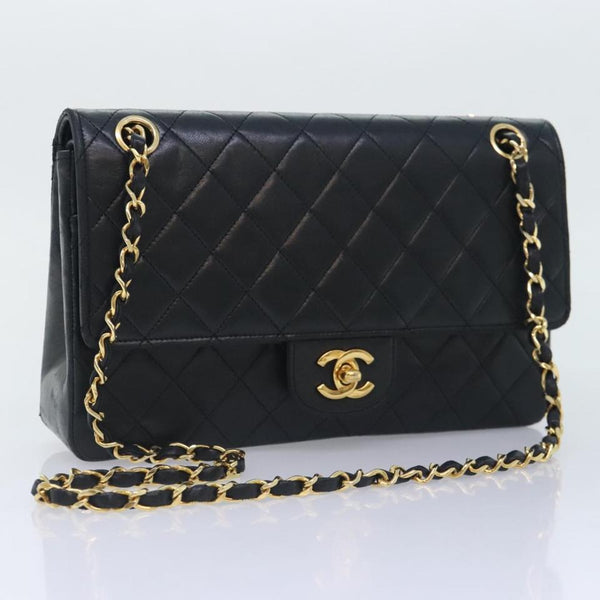 CHANEL Matelasse Turn Lock Chain Shoulder Bag Lamb Skin Black