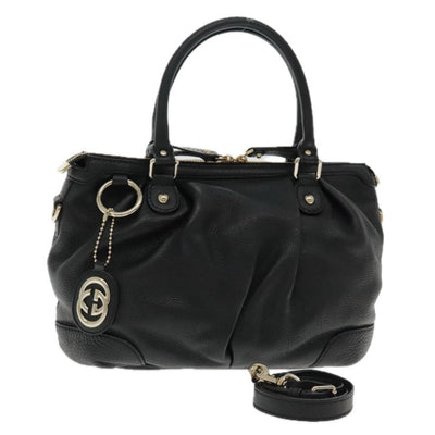 GUCCI Hand Bag Leather 2way Black Gold