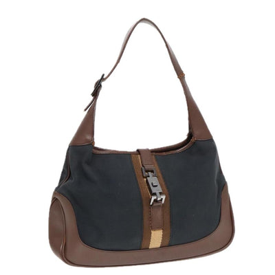 GUCCI Jackie Shoulder Bag Leather Canvas Brown Silver